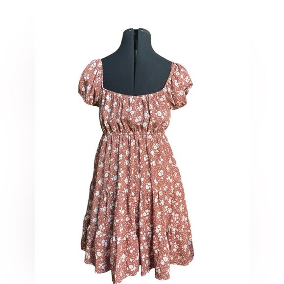 MINE Peasant Babydoll Milkmaid Off-the-shoulder Mini Tiered Dress Dusty Rose S - Picture 2 of 14